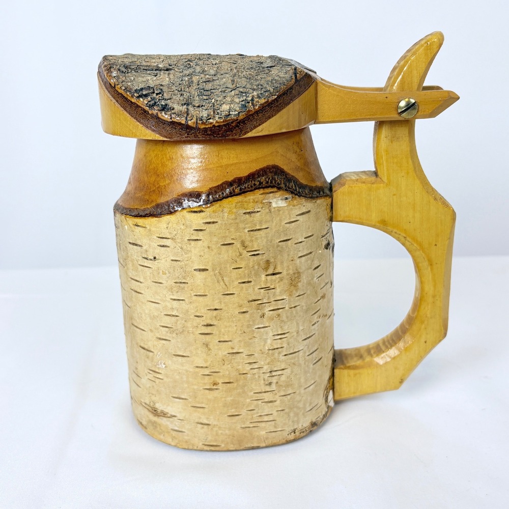 Vtg Scandinavian Folk Art Birch Bark Wooden Beer Stein Tankard Live Edge Lid